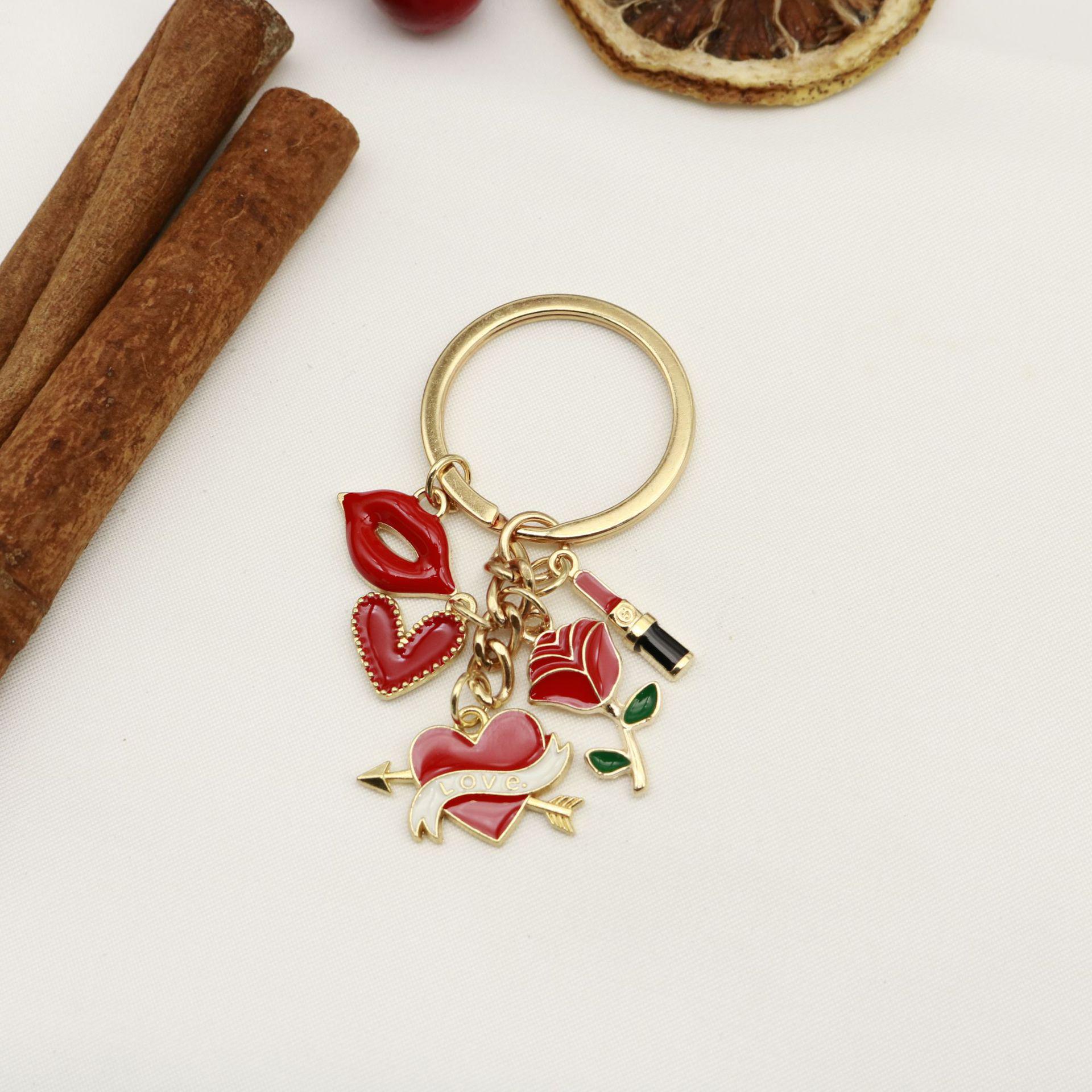 Valentine s Day Alloy Heart & Rose Keychain Charm