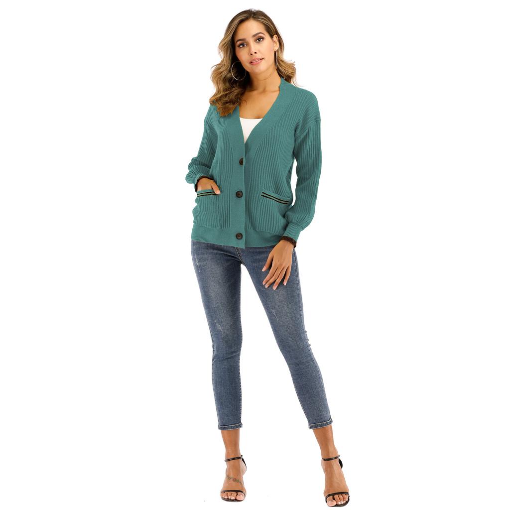 Autumn and Winter Women's V-neck Woven Single-breasted Pocket Long-sleeved Casual Jumper