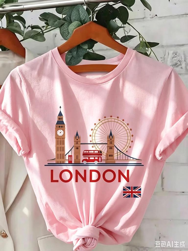 TXWomen's Regular Fit Graphic T‑Shirt Vintage London Landmarks British Skyline Big Ben & London Eye Print Crew Neck Short Sleeve