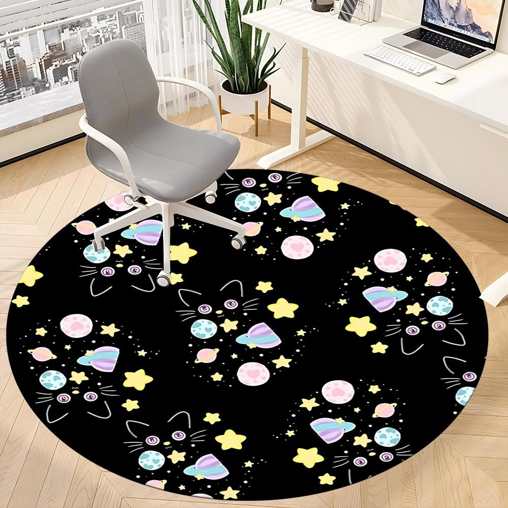 1pc Space Black Cats Office Round Area Rug, Indoor Mat Suitable For Office, Under Office Chairs Bedroom Living Room Home Decor, Room Deco