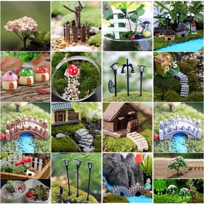 Graziosa casa di villaggio in miniatura da giardino, mini ponte, scale, artigianato, statuetta, vaso per piante, ornamento da giardino, forniture per giardini delle fate in miniatura