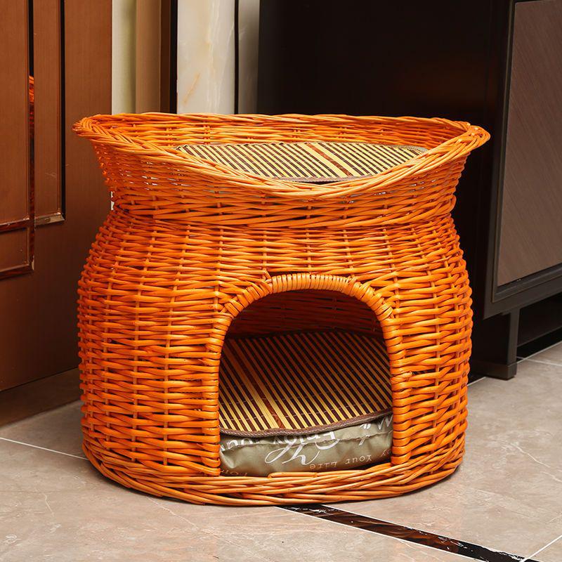 Medium Woven Rattan Pet House: Enclosed, Double-Layer, Washable, All-Season Cooling Mat for Dogs and Cats