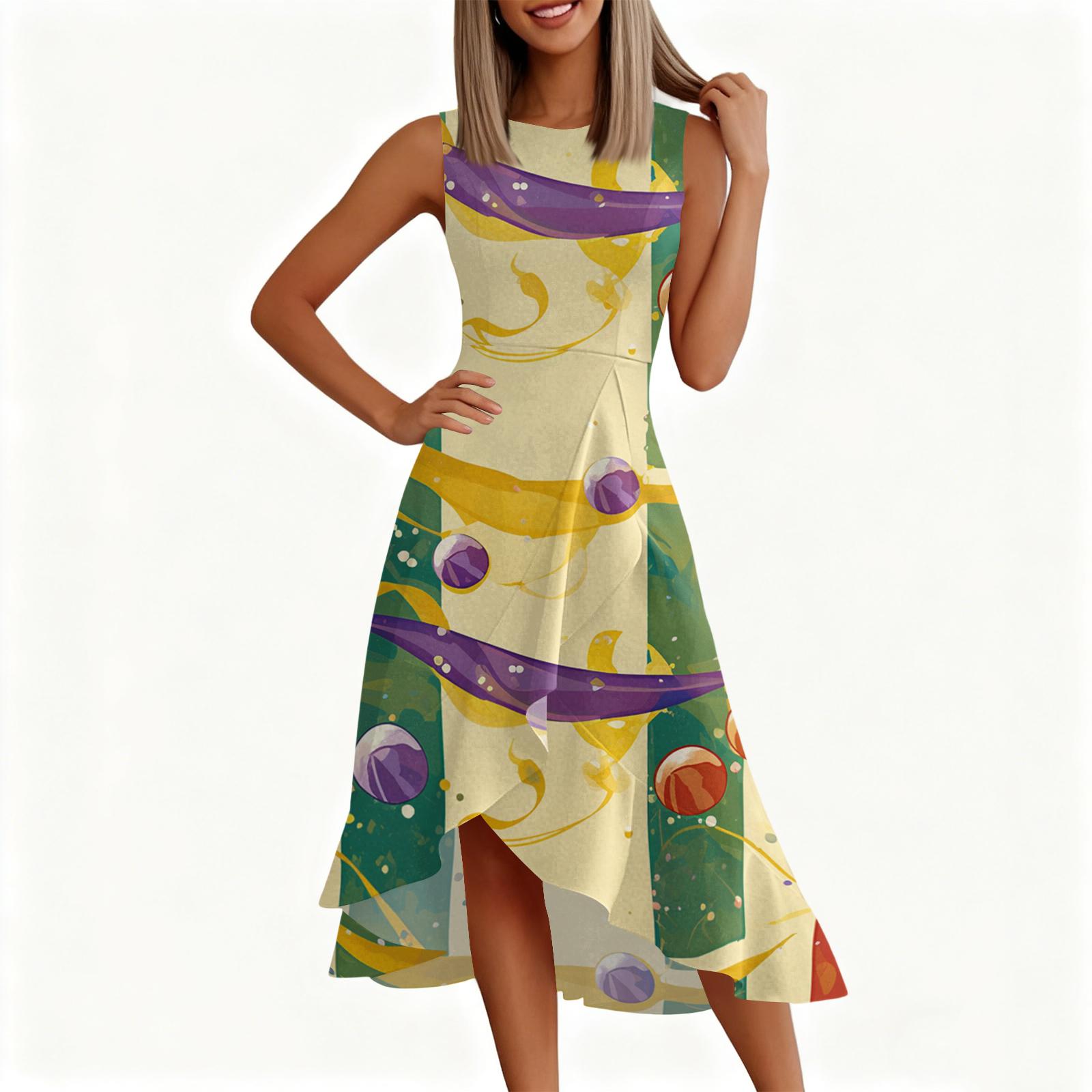 

Женское модное повседневное платье без рукавов с круглым вырезом, принтом, оборками и молнией XL белый