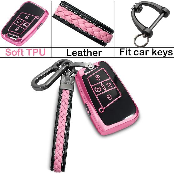 for Volkswagen key fob cover with metal/leather keychain,TPU 5 Buttons Key case,compatible with Tiguan Atlas Jetta Passat Golf Alltrack Remote smart