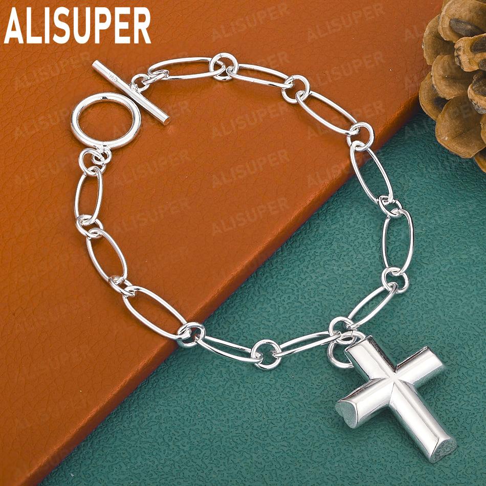925 Sterling Silver Simple Three-Dimensional Powerful Cross Bracelet Gift Jewelry 20CM