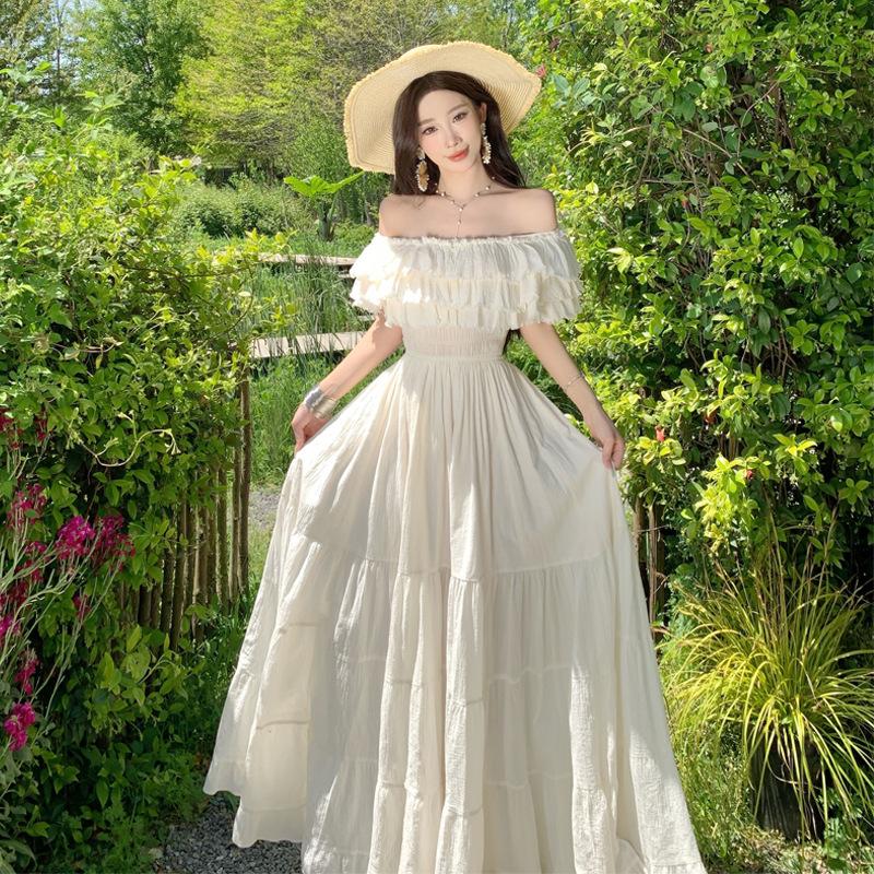 French unique super good-looking one-word shoulder waist dress women's 2026 summer design sense niche big pendulum long skirt