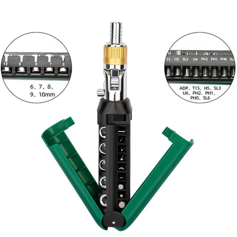 652F Professional Ratchet Screwdriver 14 Interchangeable Heads Adjustable Carbon Steel Construction For Electronics