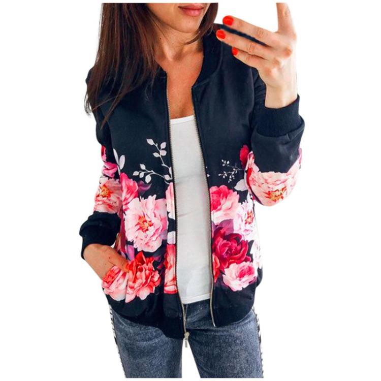 Retro Floraldruck Damen Jacke mit Reißverschluss Lässiger Mantel Oberbekleidung Tops