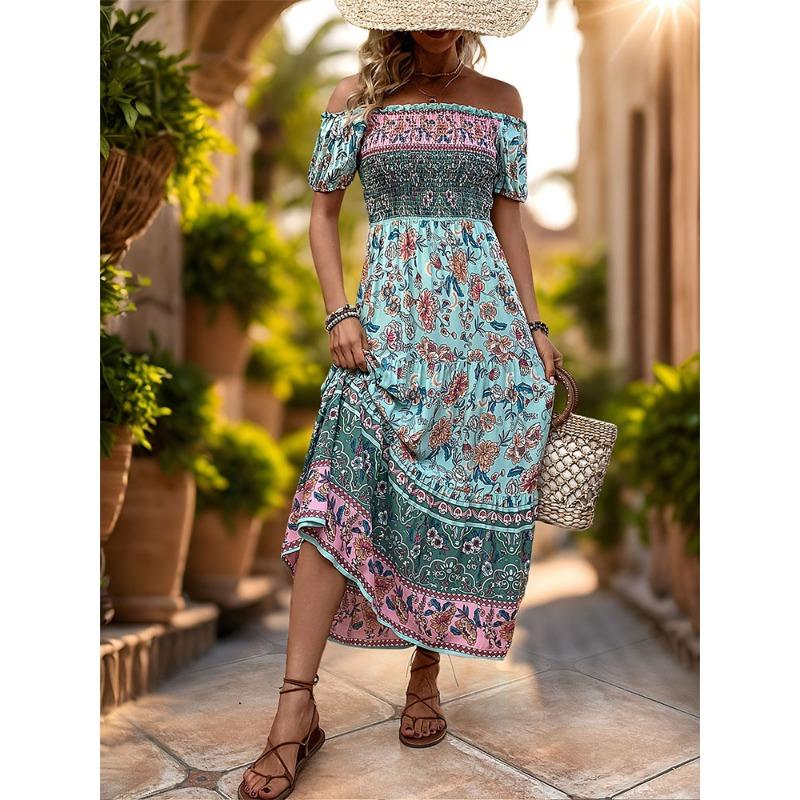 Women's Summer Vintage Ethnic Vacation Off-the-Shoulder Print Dress