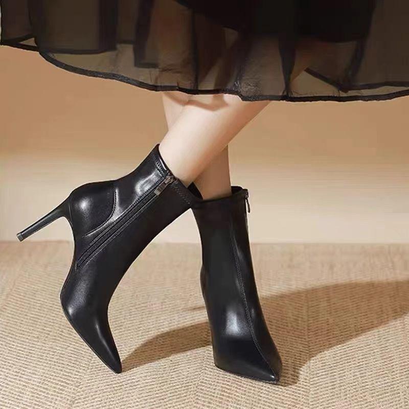 White small short boots women's 2025 new autumn and winter thin boots pointed high heels beige French European and American stiletto boots