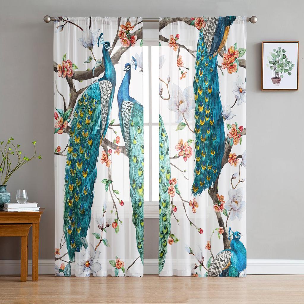 Animal Peacock Forest Stone Tulle Sheer Window Curtains for Living Room Bedroom Modern Tulle Voile Curtains Drapes Decoration