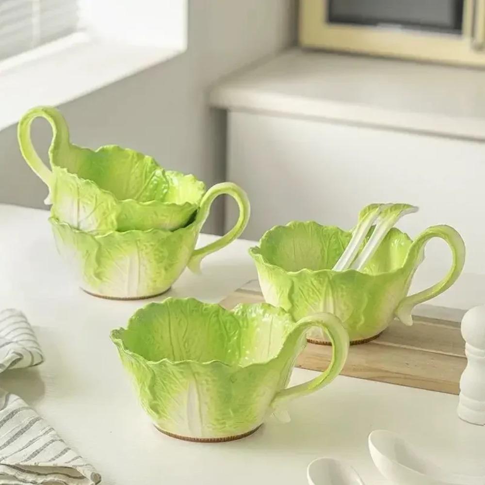 Creative Jade Cabbage Shaped Bowl With Handle Household Dining Ceramic High-capacity Soup Bowls Dormitory Microwavable Tableware