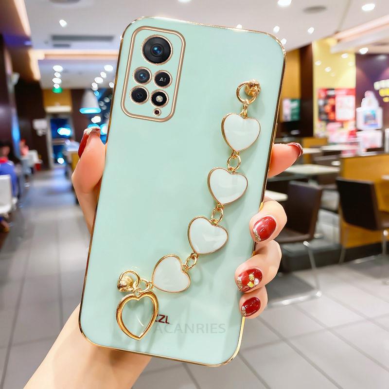 Luxury Plating Love Heart Bracelet Chain Case For Xiaomi Redmi Note 11 11pro 10 Pro 4g 5g Wrist Band Back Cover Note11 S 10s 11s