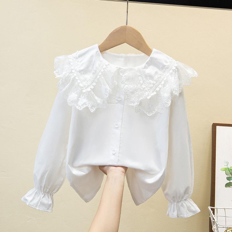 Girls' White Long Sleeve Lace Shirt - Spring/Autumn Student Uniform & Performance Costume