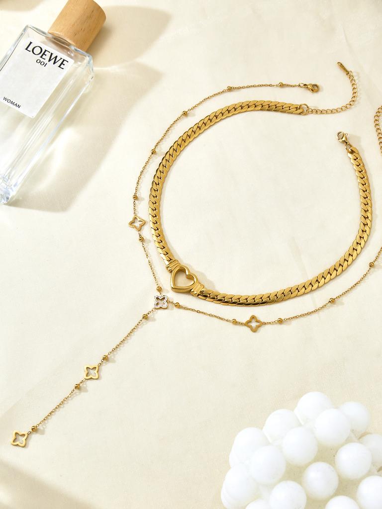 1 Piece Niche Luxury Stainless Steel Diamond-Studded Four-Leaf Clover Y-Chain Hollow Heart Collar Necklace For Women