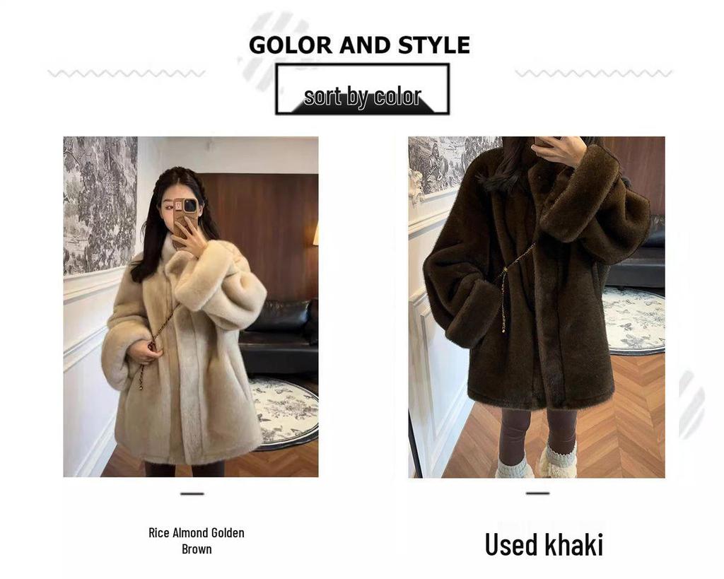 Vintage Zweifarbiger Nerzplüsch-Shearling-Mantel im koreanischen Stil mit Stehkragen und Manschettenärmeln für Damen