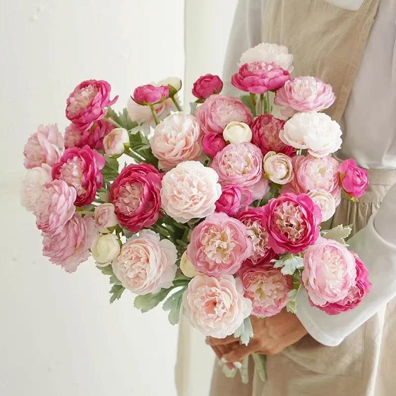 3 Heads Elegant Artificial Flowers Silk Peony Bouquet Home Decor Party Bride Wedding Decorations Pink Fake Peonies Plants