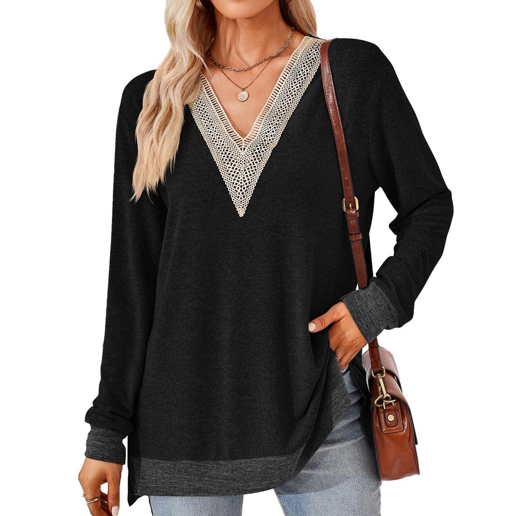 Herbst und Winter Damenbluse mit V-Ausschnitt, Spitze, einfarbig, lockere Langarm-Tops