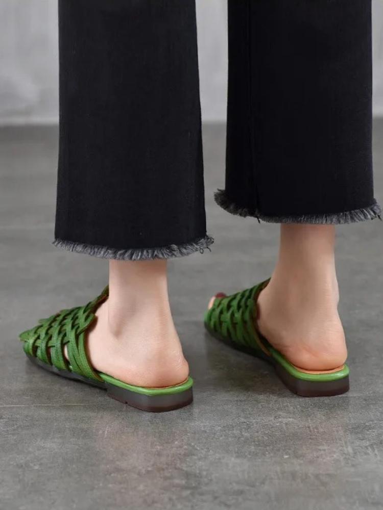 Johnature Chaussons Plats d'Extérieur en Cuir Véritable Tissés à la Main Chaussures Slip-on Décontractées Polyvalentes pour Femmes