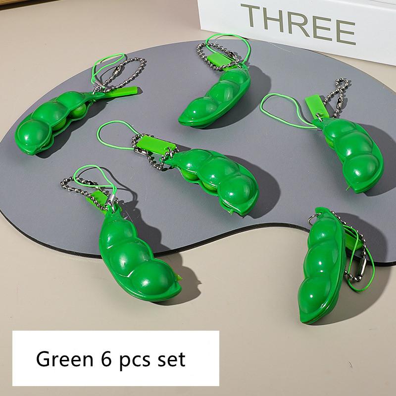 6Pcs Fidget Toy Set Squeeze Bean Soybean Stress Relieving Playful Charms Extrusion Edamame Pea Keychain for Mobile Phones Keys