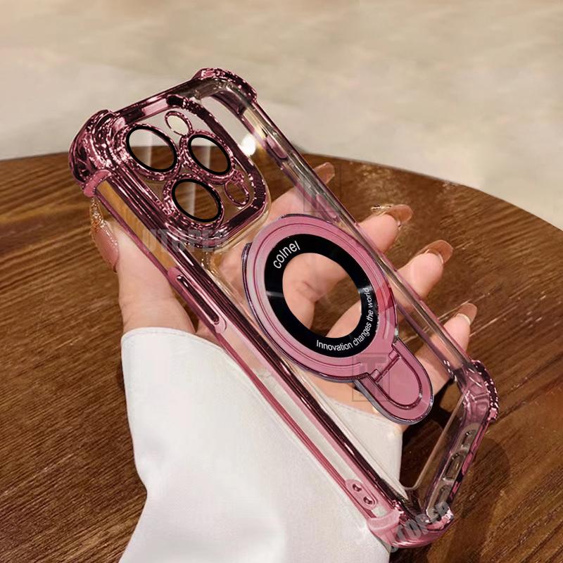 Luxury New Flip Bracket Transparent Case for iPhone 16 15 14 13 11 12 Pro Max Plus Magsafe Magnetic Plating Shockproof Cover