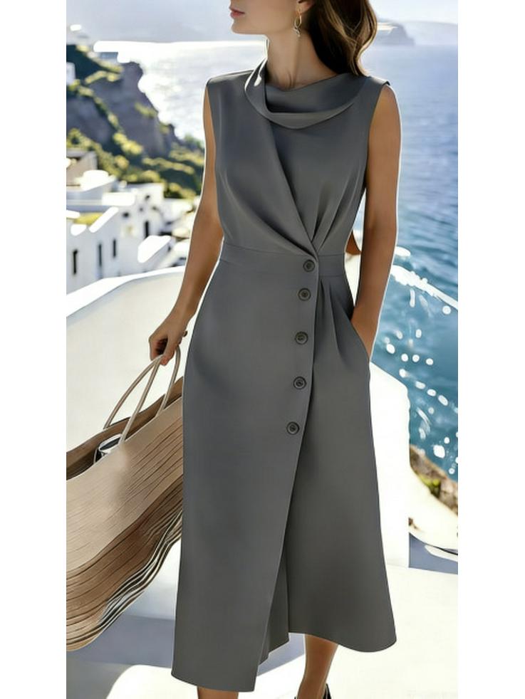 European & American Elegant Sleeveless Pleated Button Dress - Solid Color, Irregular Hem.