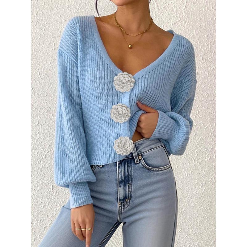 Women S Knitted Cardigan Sweater Streetwear Short Top With Crochet Buttons