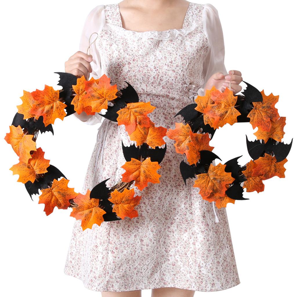 11 Inch Halloween Front Door Wreath Hanging Garland Artificial Maple Leaf Bat Wreath for Wall