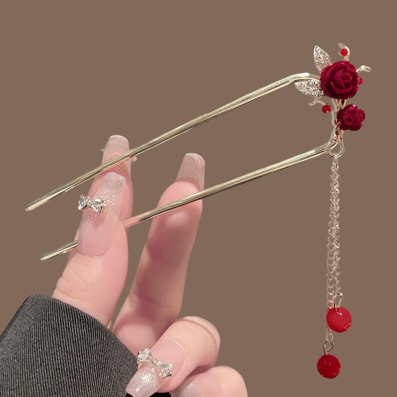 Elegant Red Rose Tassel Hairpin - U-shaped Hair Accessory for Women, Perfect for Updos and Traditional Attire.
