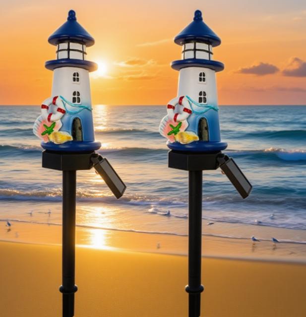 2 Pack Outdoor Solar Lighthouse Garden Lights with Resin Design for Pathways and Patio Areas Solar Powered and Weather Resistant