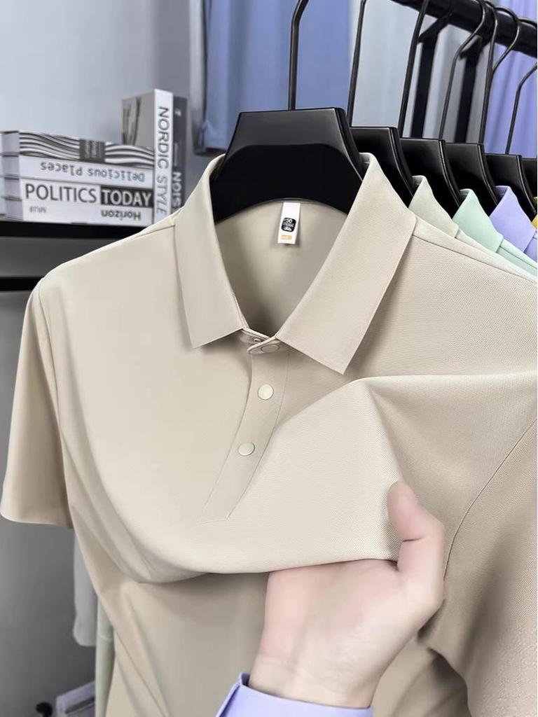 Men's Summer 2026 Seamless Lapel Polo: Mid-aged Casual Solid Color Short Sleeve T-shirt