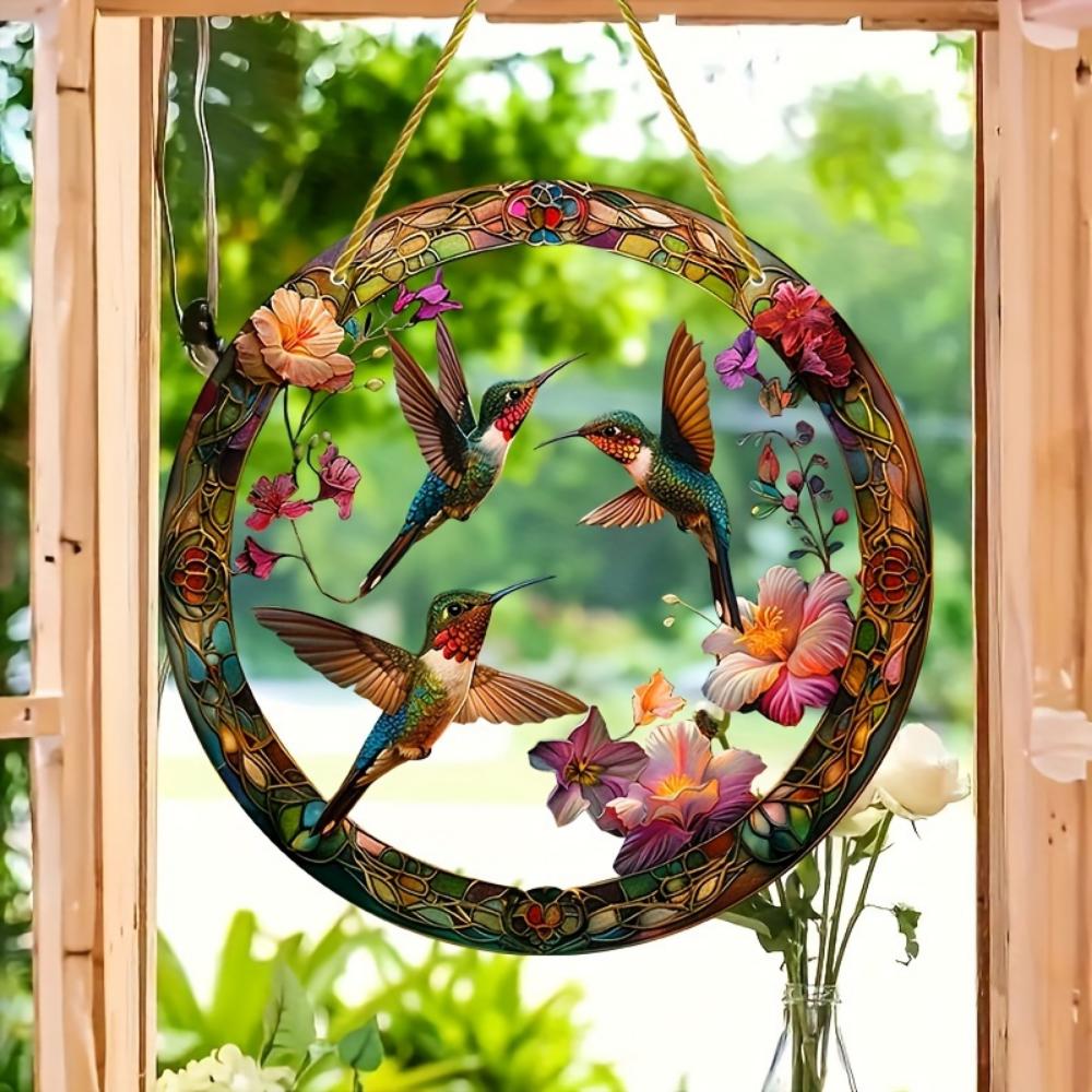 20CM 2D Flat Hummingbird Flower Color Art Translucent Round Window Hanging Decorative Acrylic Decorative Sun Catcher Parasol for   Garden Gift