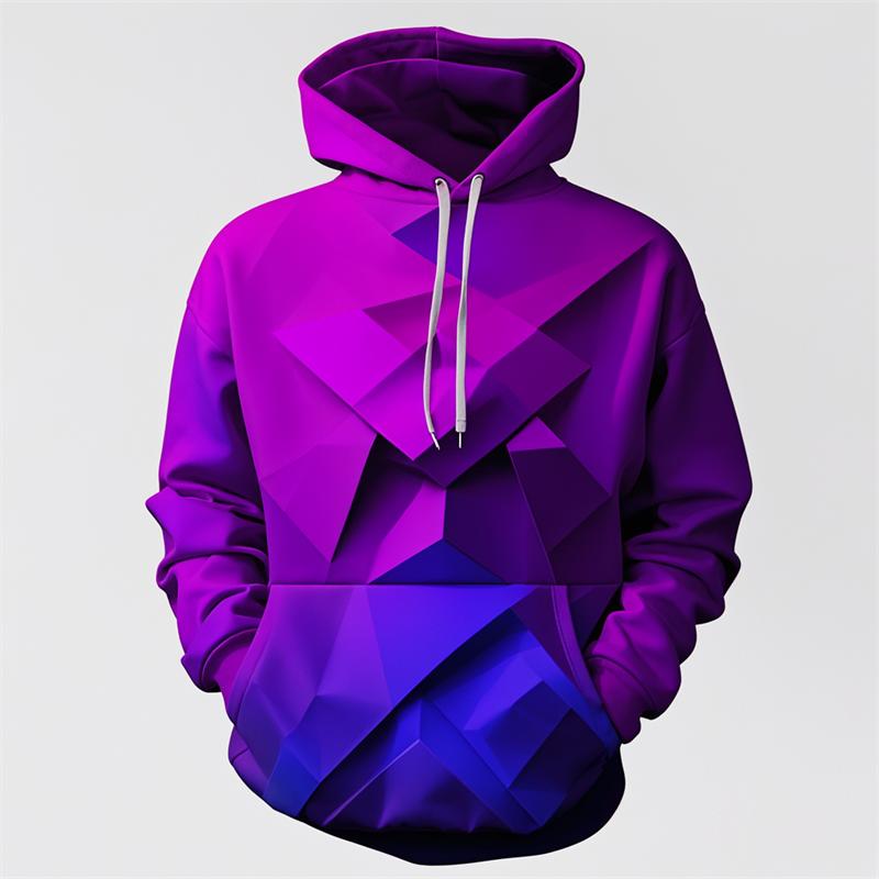 Polygon Gradient Abstract Art Fleece Hoodie, Thick Warm Pullover for Men, Autumn Winter Color Block Print Sweatshirt for Creative Street Strolls