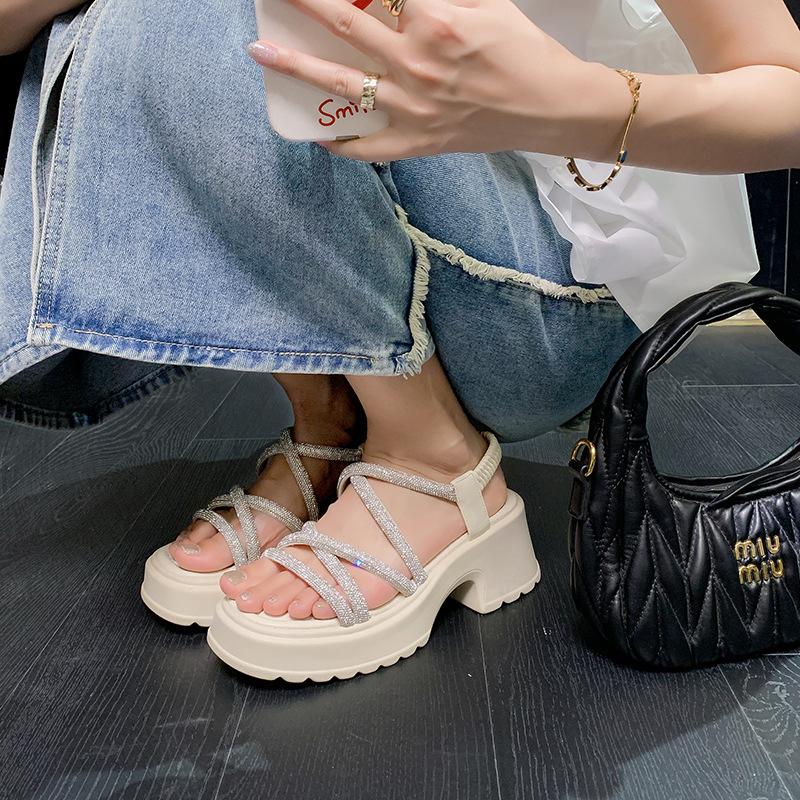 Plateausandalen mit Strasskreuz und elastischem Riemen, Sommerbekleidung, vielseitige hochhackige Damenschuhe
