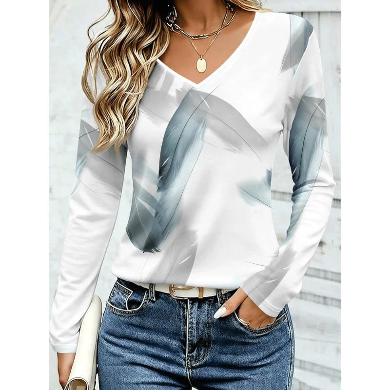 Women's Autumn and Winter 3D Color Striped Printed V-Neck Long Sleeve T-Shirt