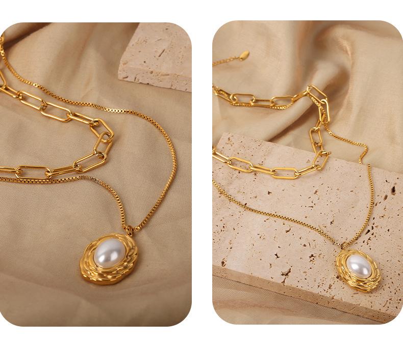 Vintage Gold-Plated Titanium Double Layer Necklace with Pearl Pendant