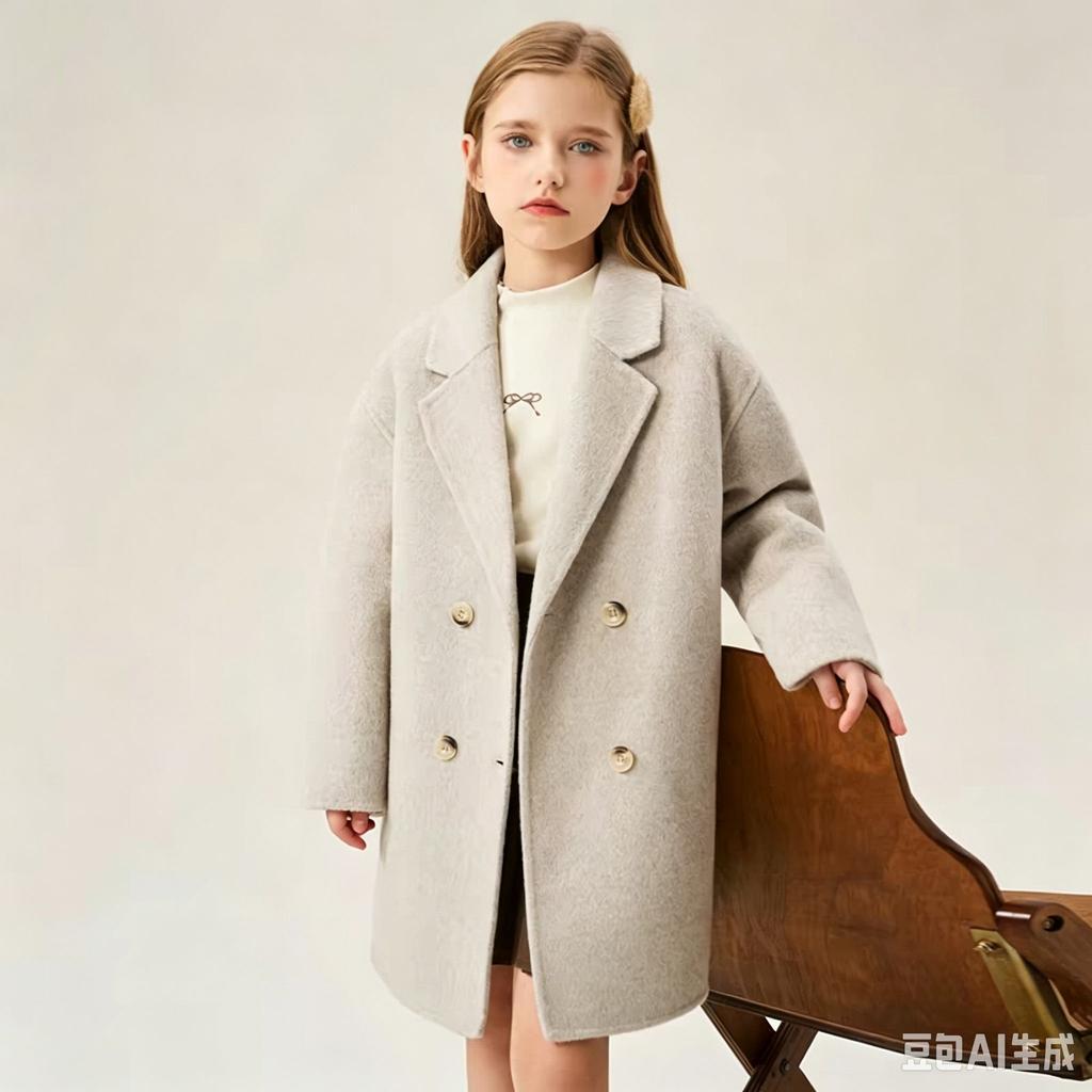Casaco de Lã Reversível para Meninas: Casaco de Lã Casual de Comprimento Médio para Moda Infantil Outono/Inverno