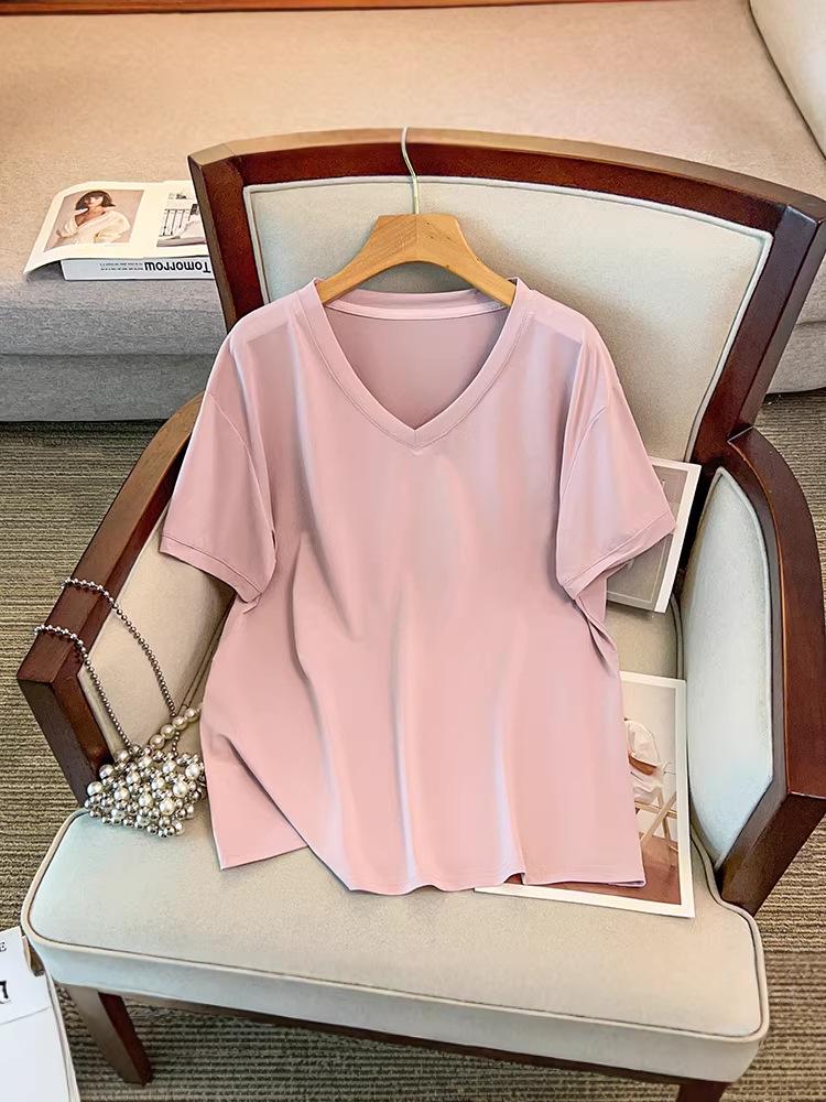 Versatile Slimming V-Neck Quick-Dry Plus Size Women's Top - Summer Short Sleeve, Solid Color, 300 Jin Capacity