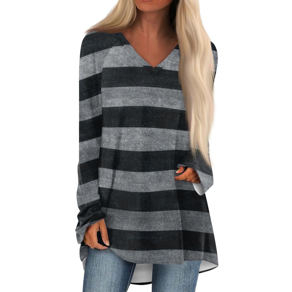 Women's Fashionable Casual Long-Sleeved Striped Print V-Neck Mid-Length Top