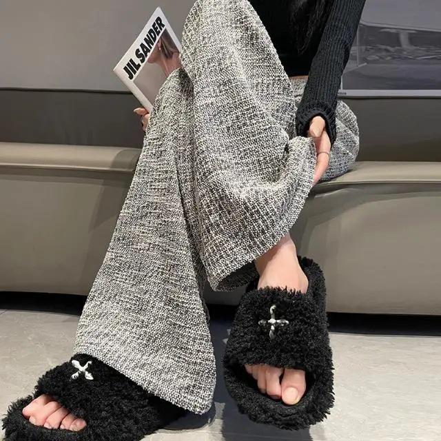 Small Scented Tweed Wide-leg Pants for Women In Spring and Autumn New High-waist Drooping Lazy Texture Floor-moving Casual Pants