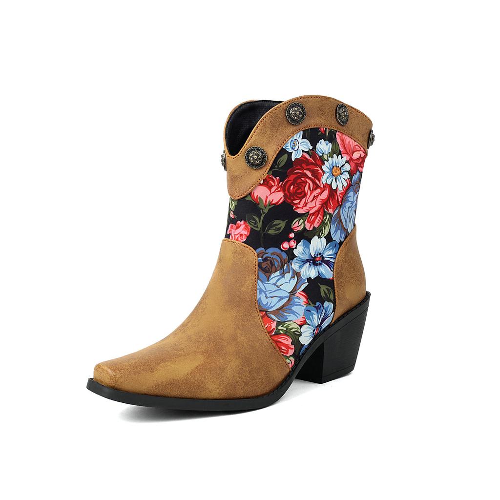2024 New Cowboy Western Boots Women's Rivets Ankle Boots Chunky Heels Shoes Retro Patchwork Print Floral PU Footwear