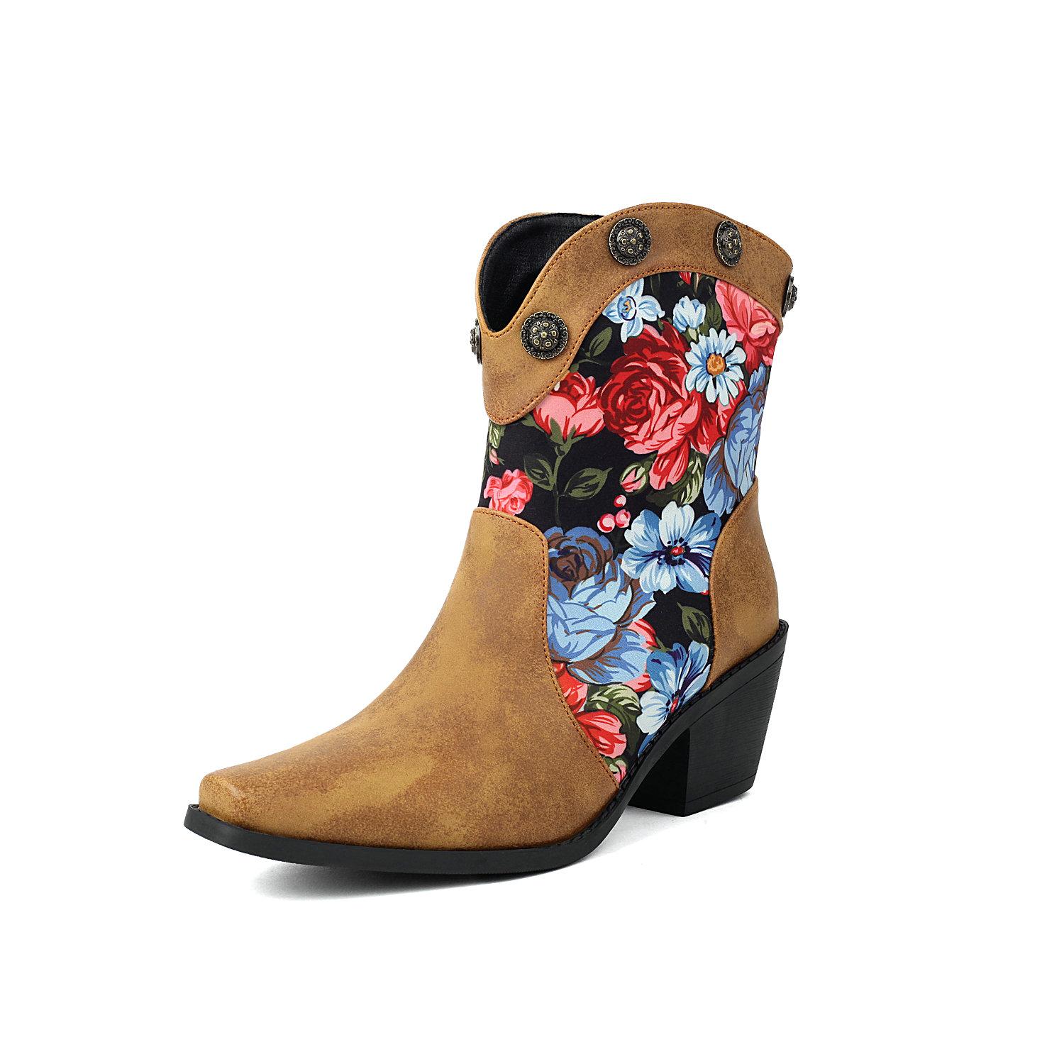 

2024 New Cowboy Western Boots Women s Rivets Ankle Boots Chunky Heels Shoes Retro Patchwork Print Floral PU Footwear 35