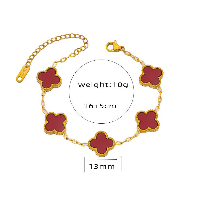 18K Gold Double-Sided Mother-of-Pearl Four-Leaf Clover Jewelry Set: Bracelet, Necklace, Ring, Earrings.