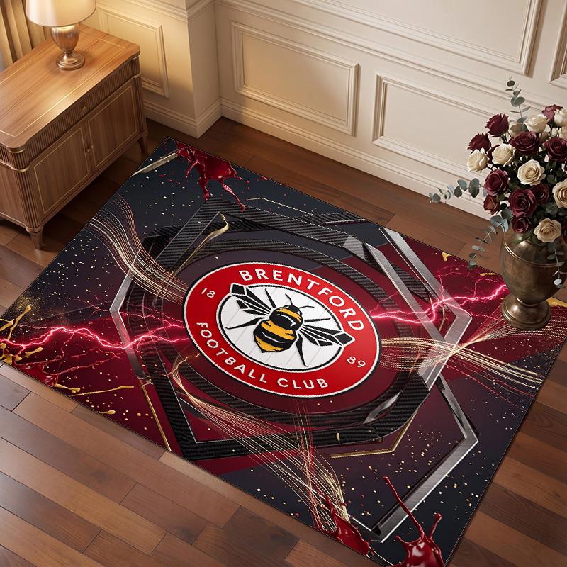 Brentford Football Print Crystal Velvet Rug, Comfortable Water Absorbent Non Slip Indoor Floor Carpet