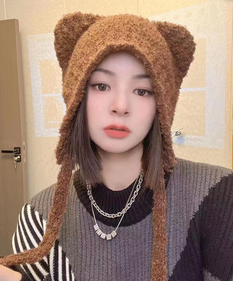 Women s Cute Bear Wool Hat - Warm Plush Knitted Beanie for Large Head Circumference Large (58-60cm)