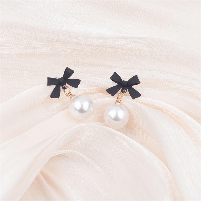Black Red Bowknot Elegant Hanging Earrings Imitation Pearl Ball Pendants Korean Fashion Sweet Small Earrings Brincos 2025 New