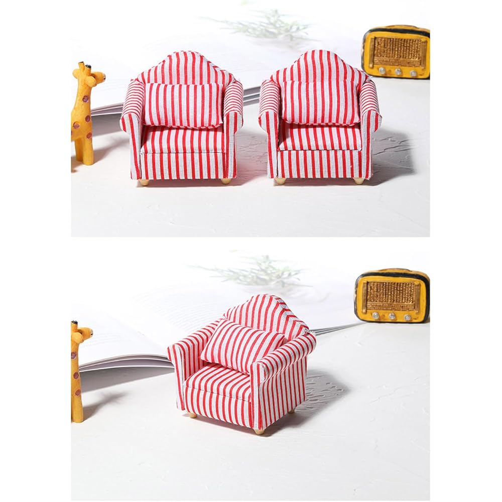 Moin Moin Miniature Furniture Sofa Set 1/12 Scale 3 Pieces White Red Striped Fabric Dollhouse