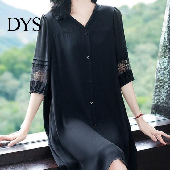 Solid Color Dress Summer Women Plus Size V Neck Loose Half Sleeves Commute Midi Hollow Out Lace Single-breasted Knee Length A-line Long