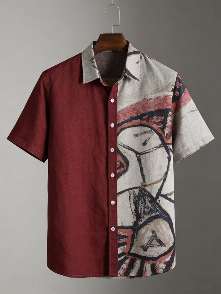 2026 New men's summer simple retro short-sleeved lapel shirt beige graffiti 3D printed shirt outdoor casual outdoor men's tops