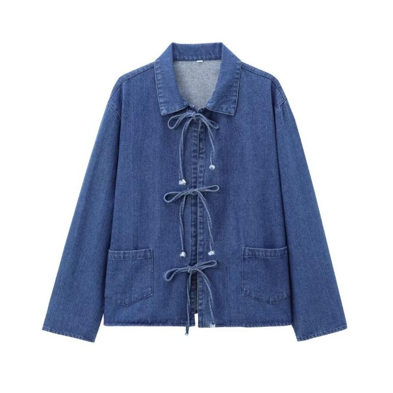 Women Turn Down Collar Bow Decor Long Sleeve Denim Shirt Jacket